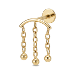 Piercing Labret Doré Arc Chaînes 3 Billes Pendantes Oreille