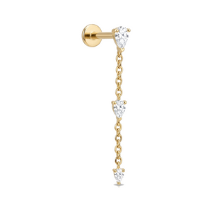 Piercing cartilage doré labret chaîne 3 poires zircon