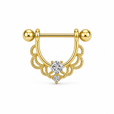 Piercing téton bouclier doré filigrane dentelle zircon blanc central — finition dorée