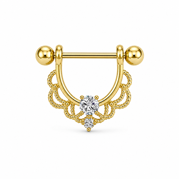 Piercing téton bouclier doré filigrane dentelle zircon blanc central — finition dorée