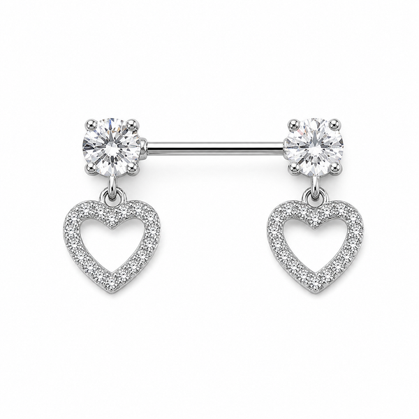 Piercing téton paire barre argentée zircon rond et pendentif cœur creux pavé blanc
