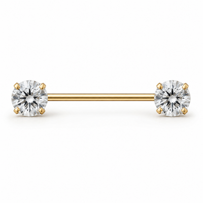 Piercing téton barre dorée double grand zircon rond serti griffes — finition dorée
