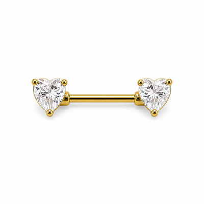 Piercing téton barre dorée double cœur zircon blanc taille cœur — coloris blanc doré