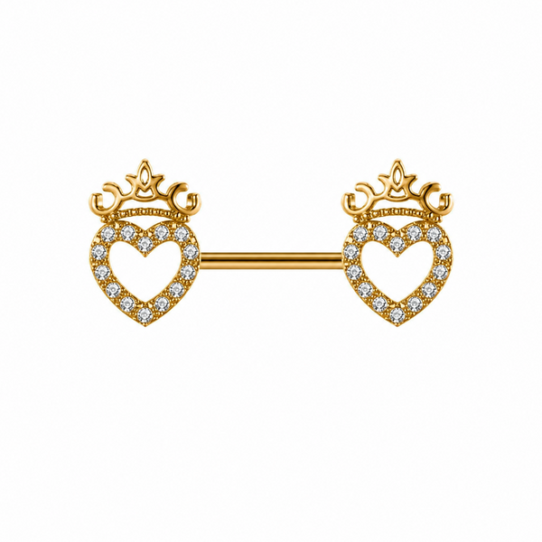 Piercing téton barre dorée double cœur couronné pavé zircon blanc — finition dorée