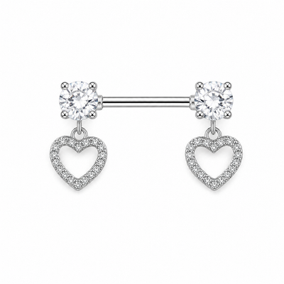 Piercing téton paire barre argentée pendentif double cœur creux pavé zircon blanc