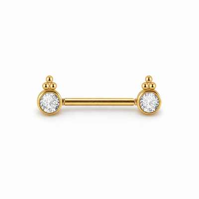 Piercing téton barre dorée double cabochon zircon rond ornemental — finition dorée