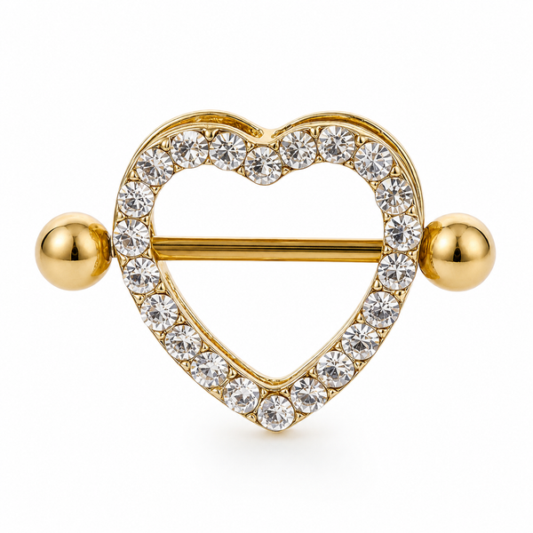 Piercing téton barre dorée contour cœur pavé strass — finition dorée