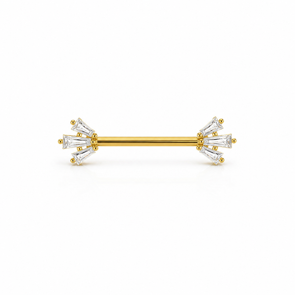 Piercing téton barre dorée baguettes zircon étoile rayonnante — finition dorée