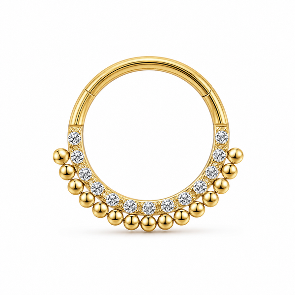 Anneau clicker dore double arc zircons et boules ethnique — miniature fond blanc