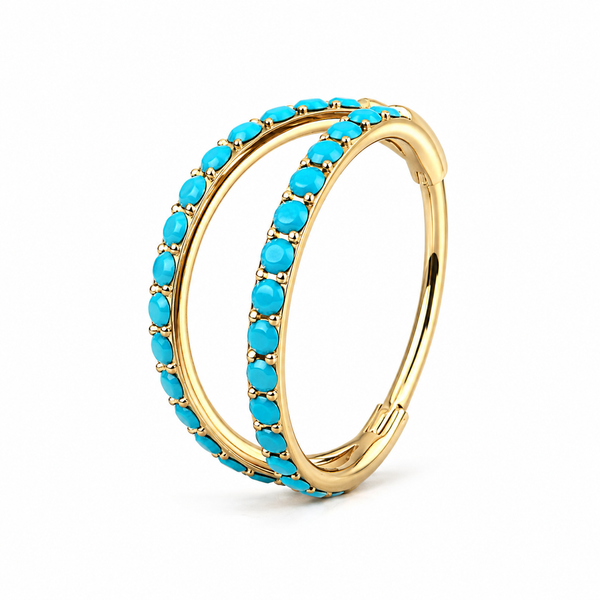 Anneau double clicker dore 2 arcs pave pierres turquoise bleues — miniature fond blanc