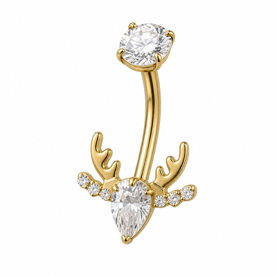 Piercing nombril bois de cerf doré — tête de renne zircon goutte