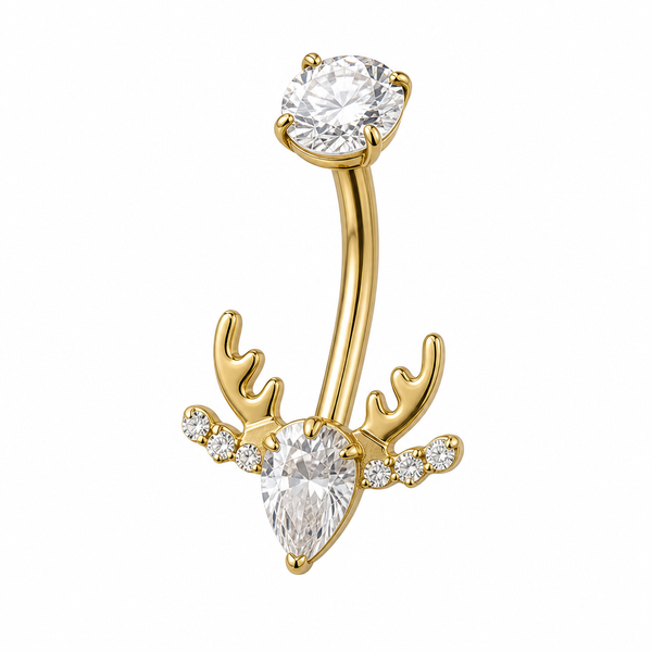 Piercing nombril bois de cerf doré — tête de renne zircon goutte