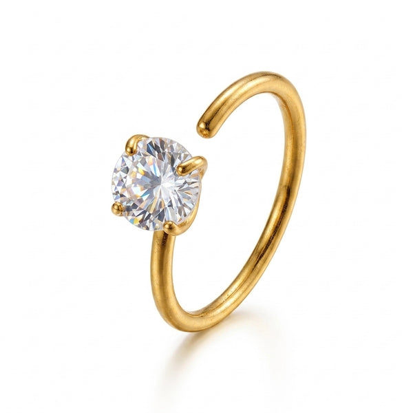 Anneau nez ouvert dore grand zircon rond brillant serti 4 griffes — fond blanc