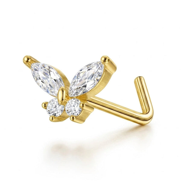 Clou en L dore ornement papillon 2 ailes marquise zircon + 2 ronds — fond blanc