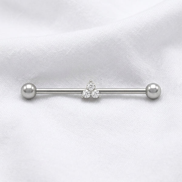 Piercing industriel barre argentée, motif triangle de zircones violett - vue 2