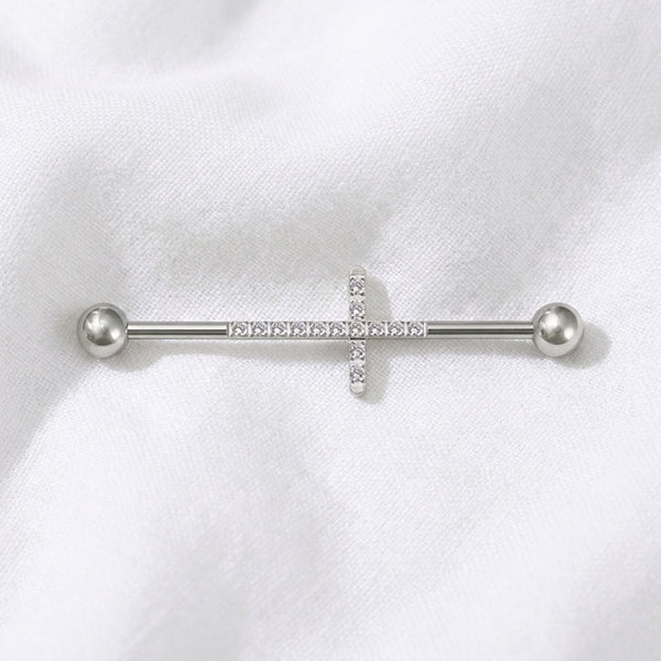 Piercing Industriel Doré avec Croix Zircones - vue 2