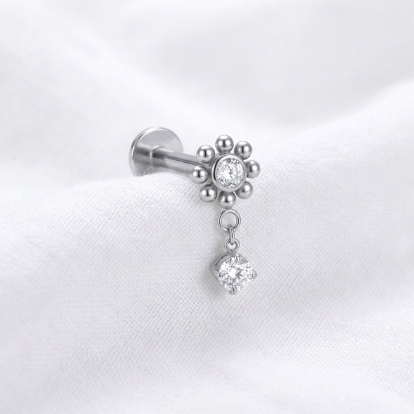 Labret Doré Fleur Boules Zircone & Solitaire Pendant - vue 2