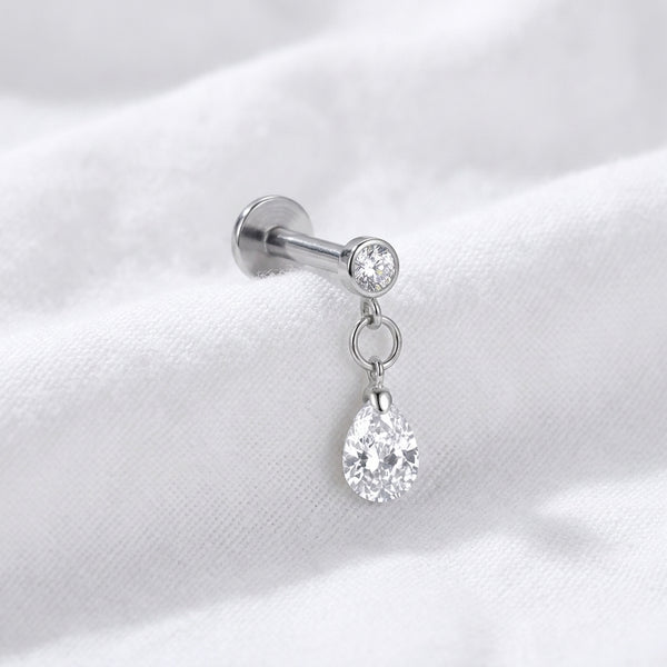 Labret doré zircon rond et goutte d'eau pendante - vue 2