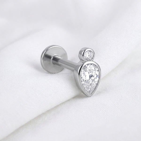 Piercing Tragus Labret Doré Titane Double Pierre Ronde & Poire - vue 2