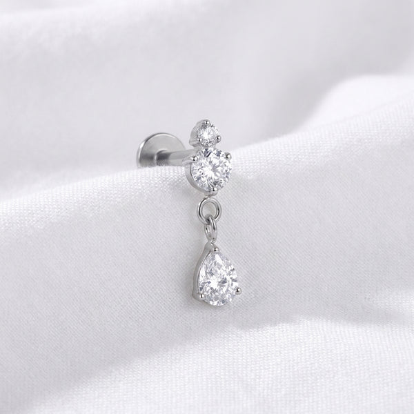 Labret doré tragus, 2 zircons ronds et pendentif goutte - vue 2