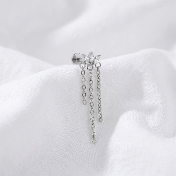 Piercing Tragus Labret Doré Marquise 3 Pierres & Chaînes - vue 2