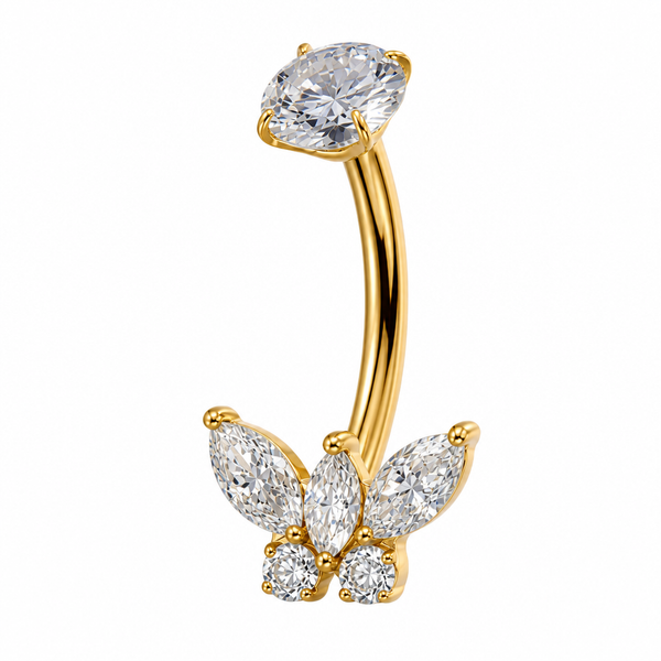 Piercing nombril papillon marquise zircon doré — 4 ailes pierres taillées