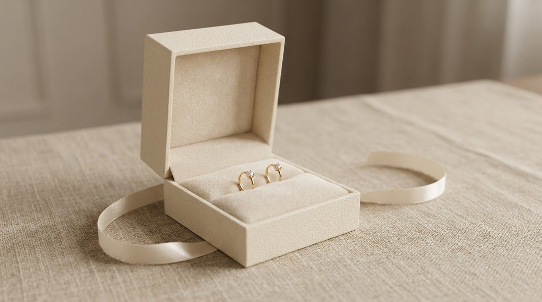 Coffret cadeau ouvert contenant deux bijoux de piercing dorés à zircon