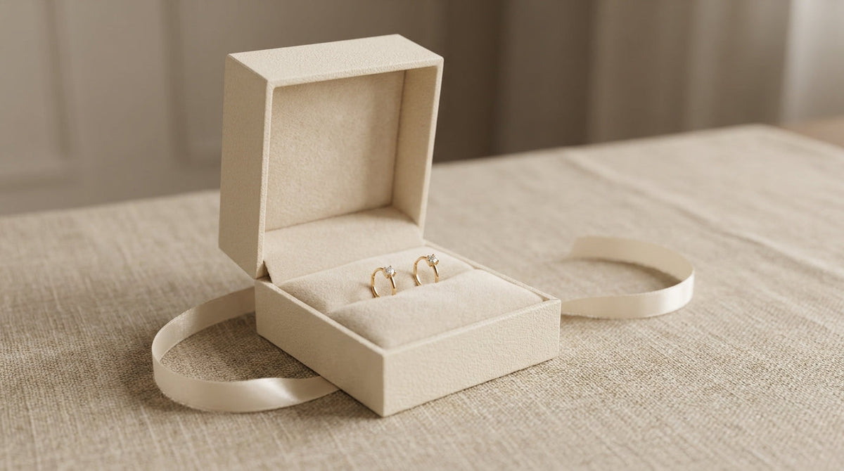 Coffret cadeau ouvert contenant deux bijoux de piercing dorés à zircon