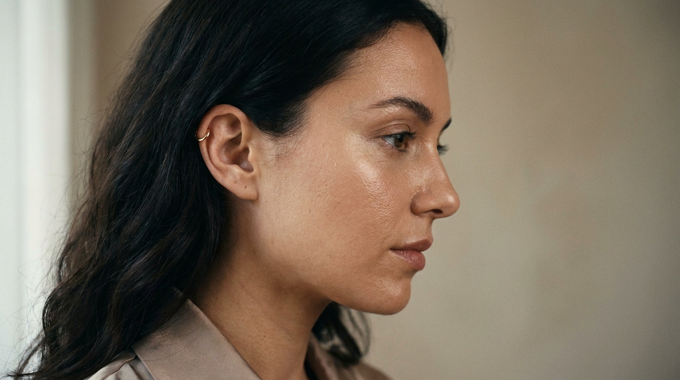 Femme de profil portant un piercing helix dore cicatrise sur le cartilage de l'oreille