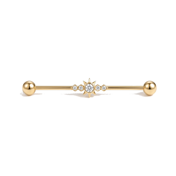 Piercing Industriel Doré : Barre Étoile et Zircons Brillants