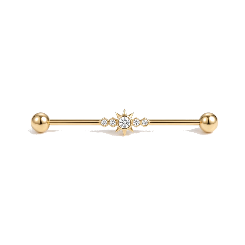 Piercing Industriel Doré : Barre Étoile et Zircons Brillants