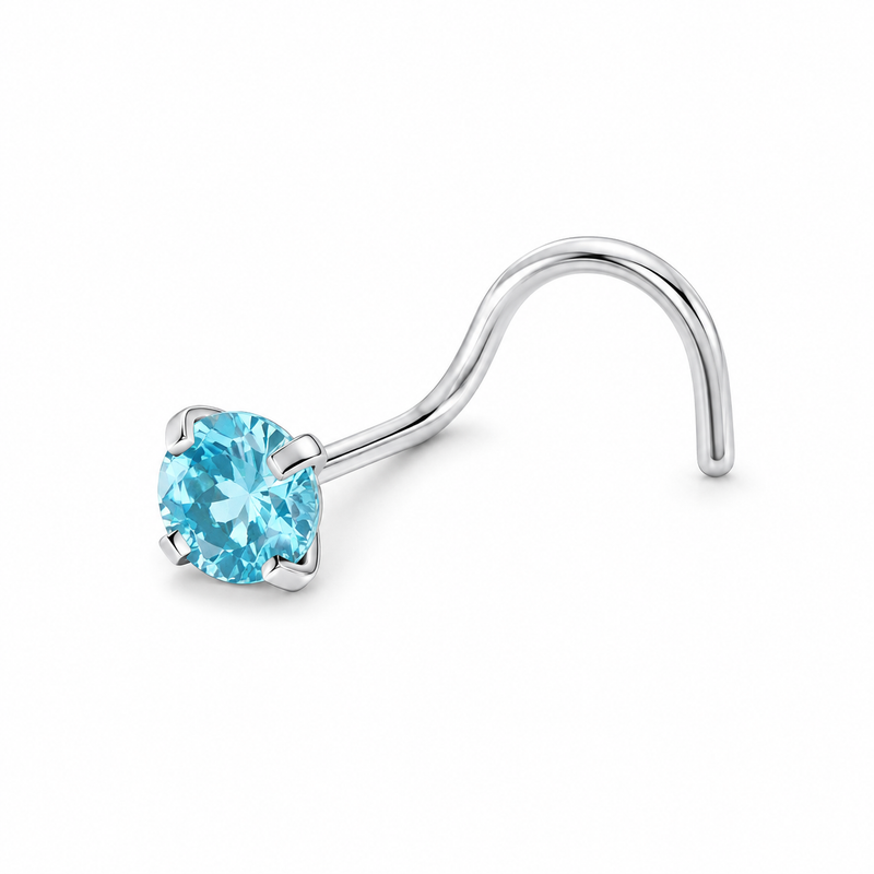 Vis nez argentee zircon solitaire bleu topaze — miniature fond blanc