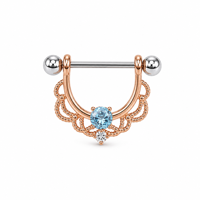 Piercing téton bouclier or rose filigrane dentelle zircon turquoise — coloris turquoise or rose