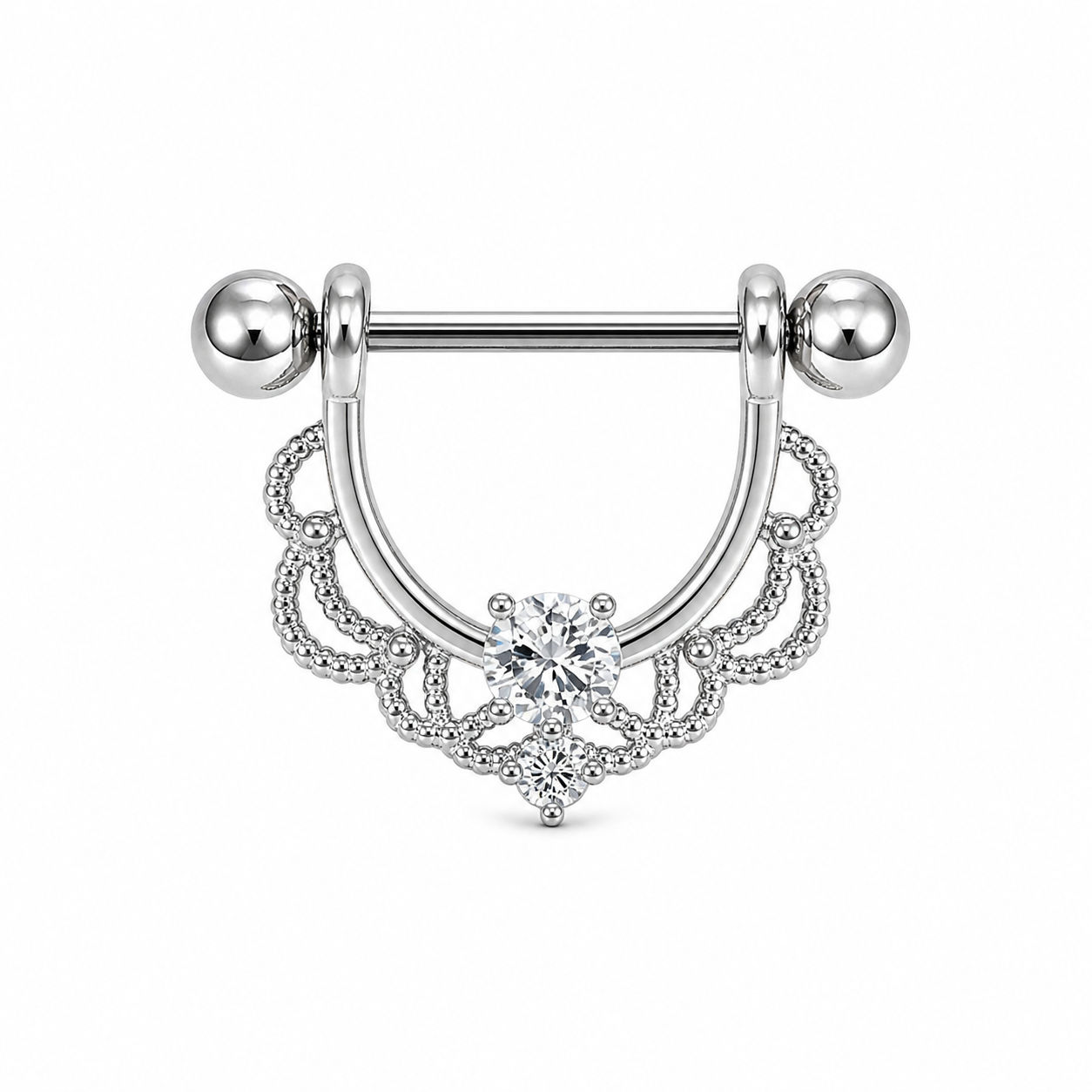Piercing téton bouclier argenté filigrane dentelle zircon blanc central — finition argentée