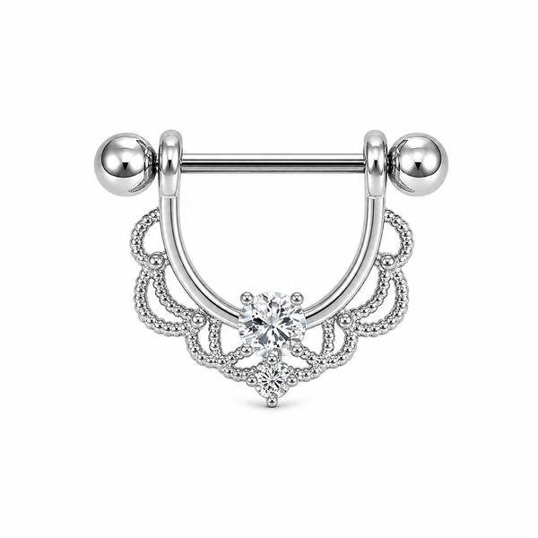Piercing téton bouclier argenté filigrane dentelle zircon blanc central — finition argentée