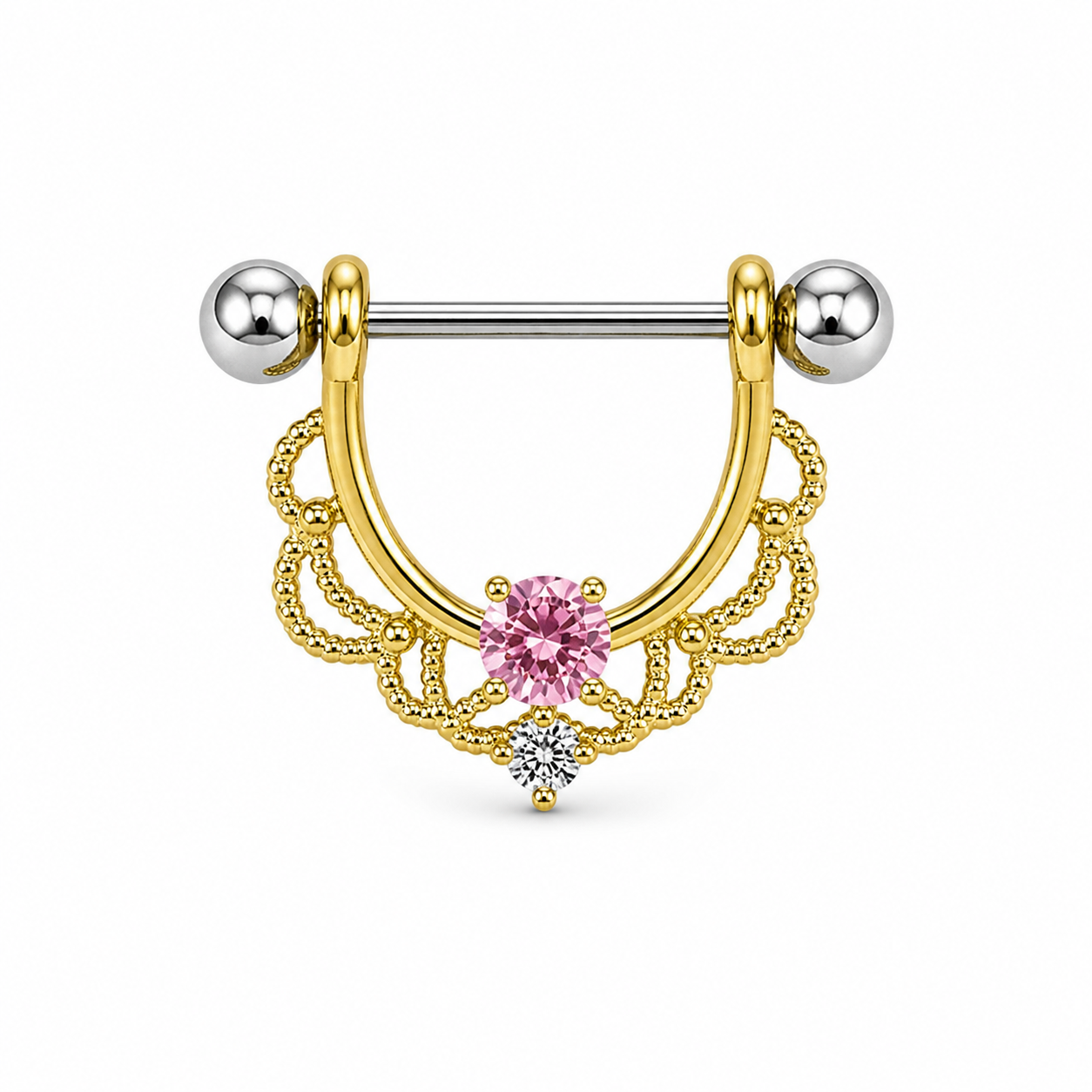 Piercing téton bouclier doré filigrane dentelle zircon rose central — coloris rose doré