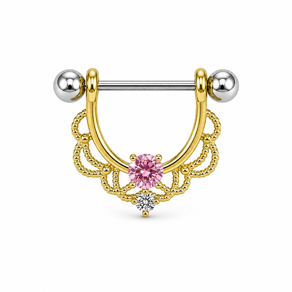 Piercing téton bouclier doré filigrane dentelle zircon rose central — coloris rose doré