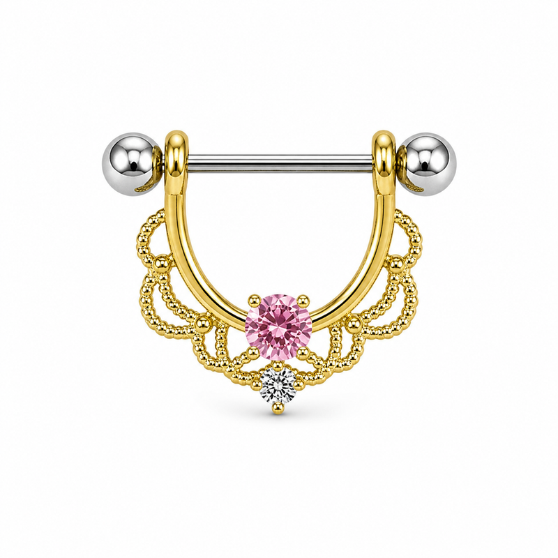Piercing téton bouclier doré filigrane dentelle zircon rose central — coloris rose doré