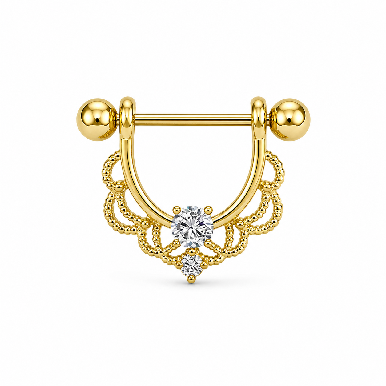 Piercing téton bouclier doré filigrane dentelle zircon blanc central — finition dorée