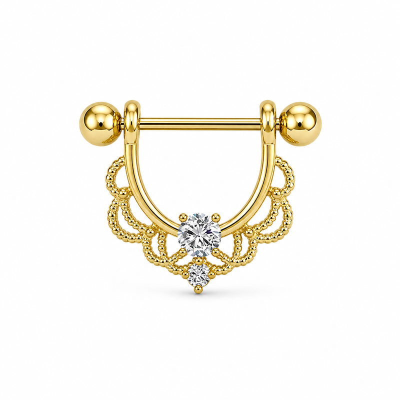 Piercing téton bouclier doré filigrane dentelle zircon blanc central — finition dorée