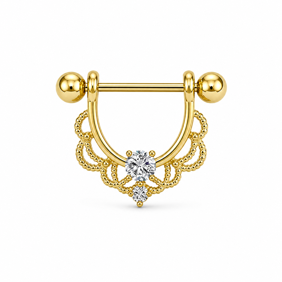 Piercing téton bouclier doré filigrane dentelle zircon blanc central — finition dorée