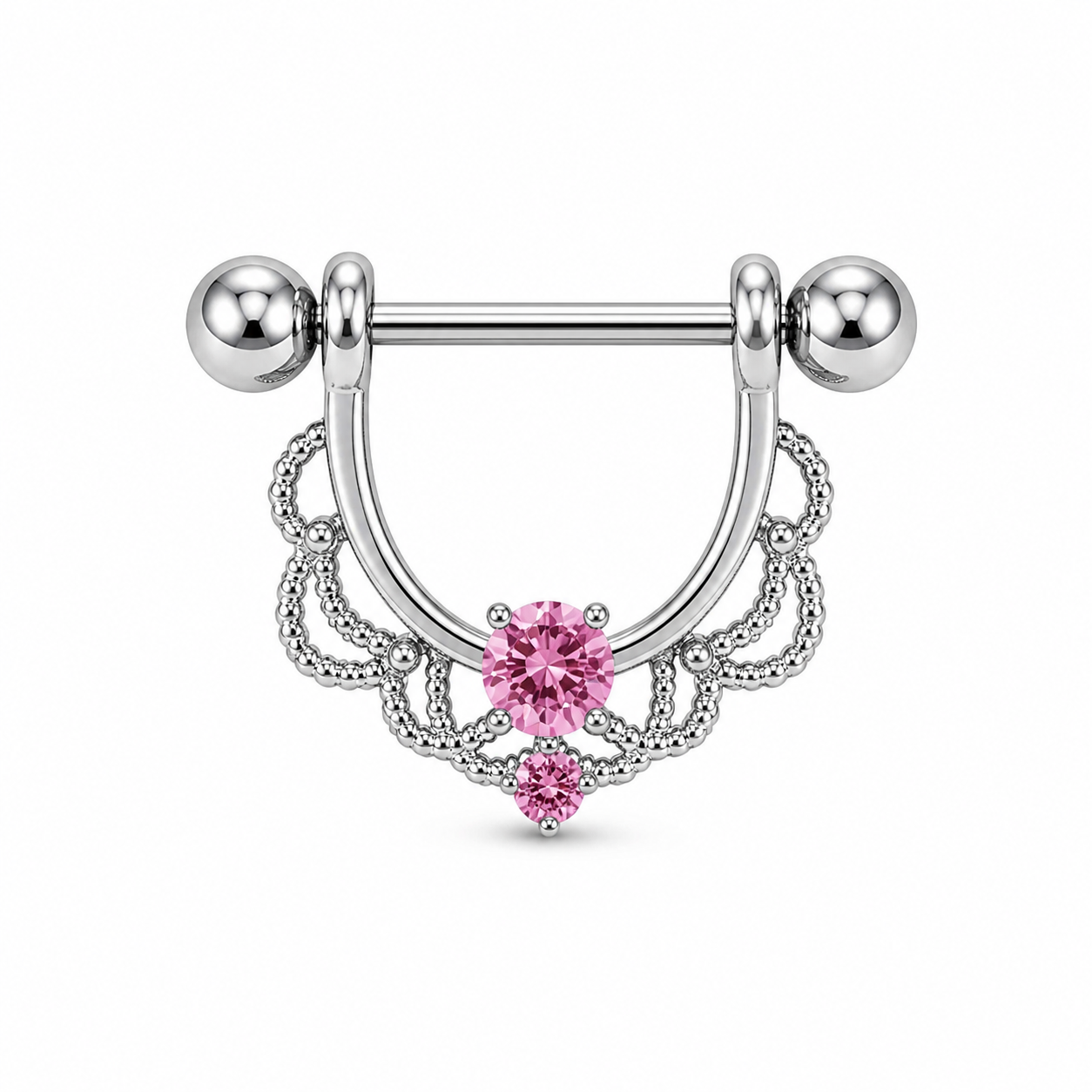 Piercing téton bouclier argenté filigrane dentelle zircon rose central — coloris rose argenté