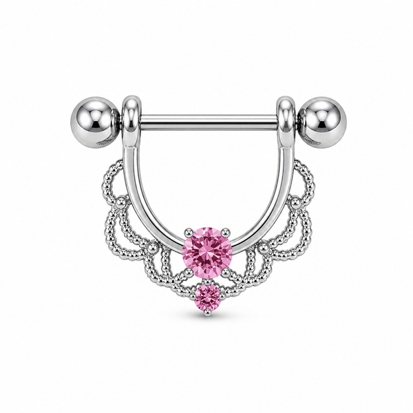 Piercing téton bouclier argenté filigrane dentelle zircon rose central — coloris rose argenté