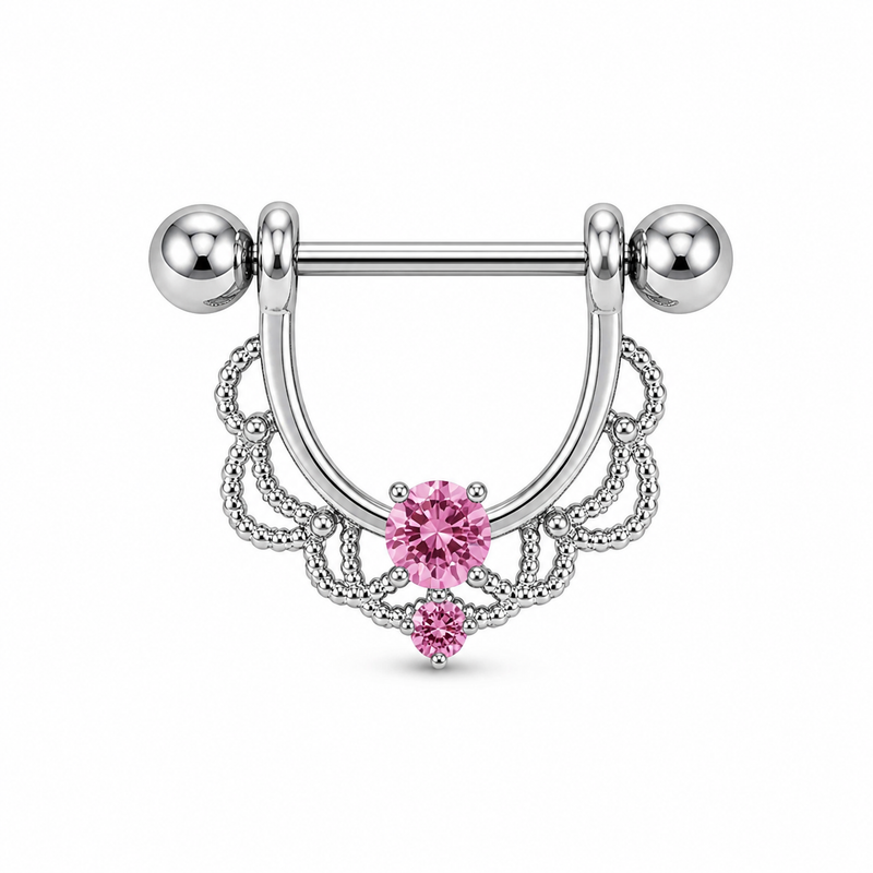 Piercing téton bouclier argenté filigrane dentelle zircon rose central — coloris rose argenté