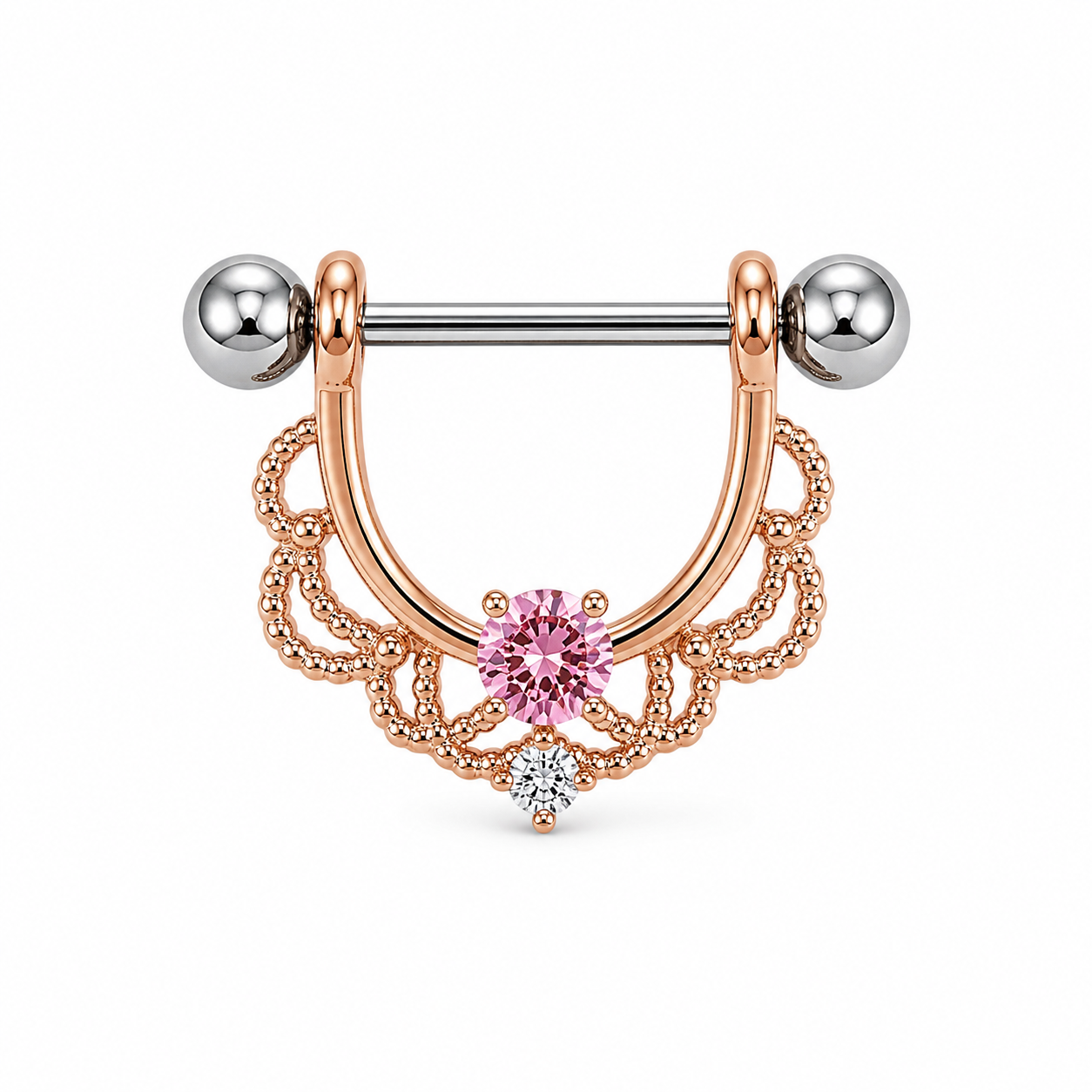 Piercing téton bouclier or rose filigrane dentelle zircon rose — coloris rose or rose