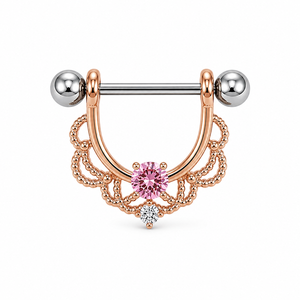Piercing téton bouclier or rose filigrane dentelle zircon rose — coloris rose or rose
