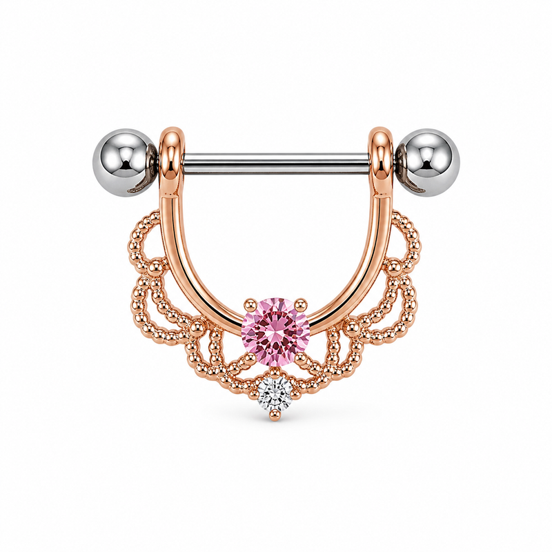 Piercing téton bouclier or rose filigrane dentelle zircon rose — coloris rose or rose