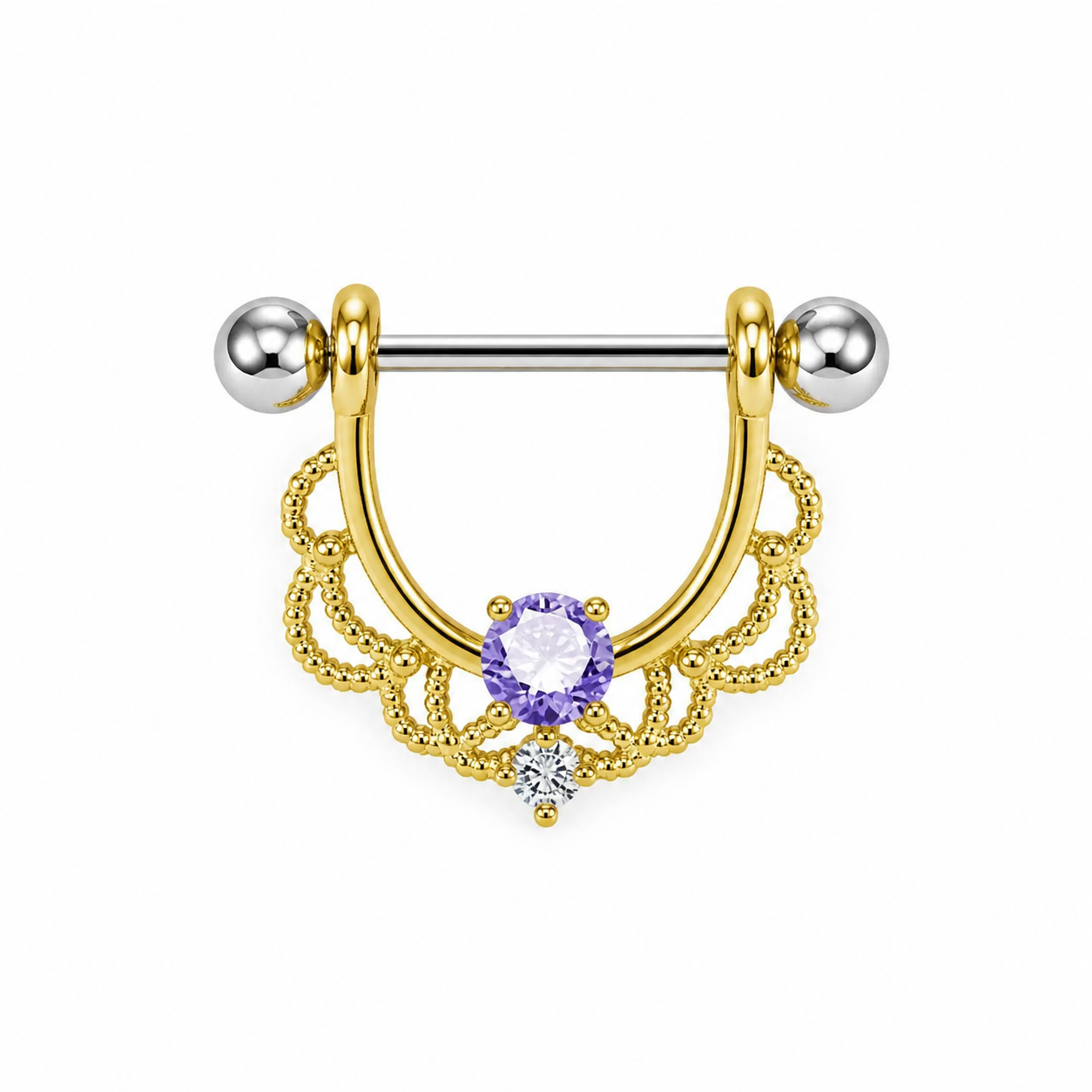 Piercing téton bouclier doré filigrane dentelle zircon violet — coloris violet doré