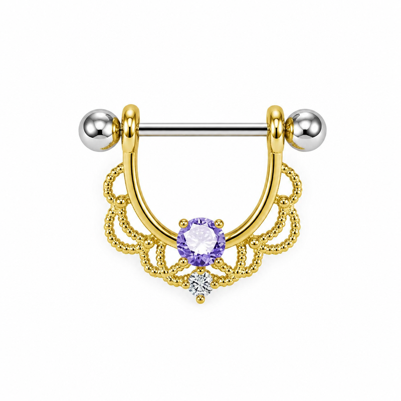 Piercing téton bouclier doré filigrane dentelle zircon violet — coloris violet doré