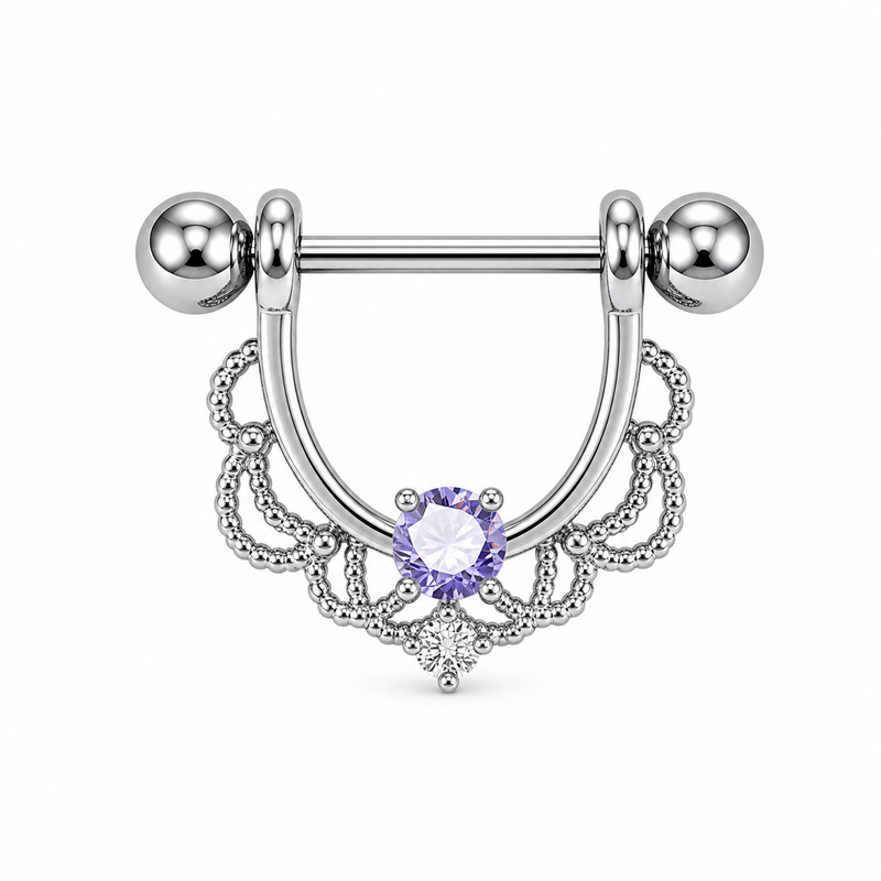 Piercing téton bouclier argenté filigrane dentelle zircon violet — coloris violet argenté